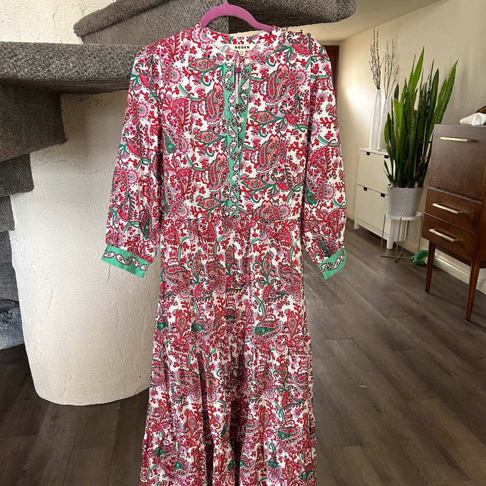 BODEN cotton collarless top button tiered cotton maxi dress NWT 12